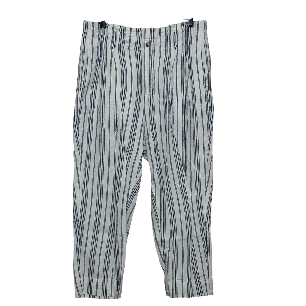 Madewell Linen Blend High Ultra High Rise Cropped Pant Size 12 Blue White Stripe